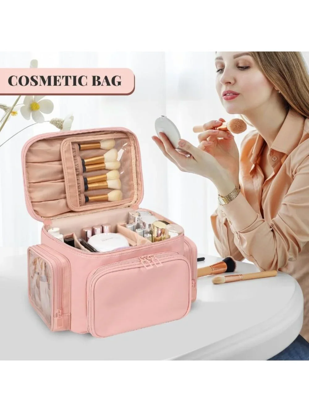 Large Portable Makeup Bag Organizer for Women | Travel Cosmetic Case with Brush